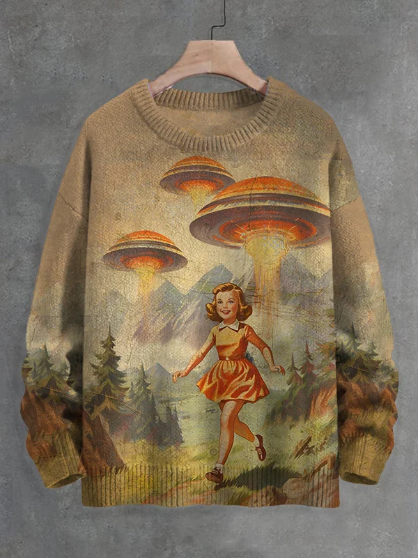 Men's Girl Meets UFO Sci-Fi Art Print Knit Sweatshirt