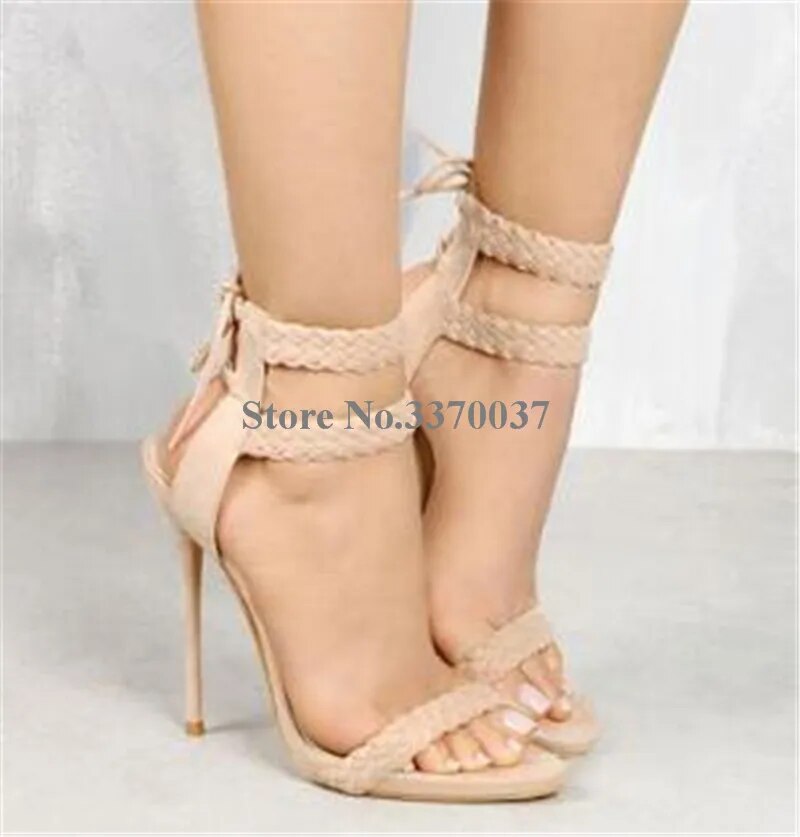 VCSHOES Women Open Toe Suede Leather Thin Heel Gladiator Sandals Braided Blue Beige Black High Heel Sandals