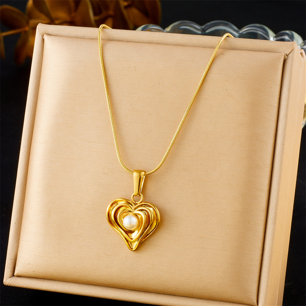 Fashion Gold-Plated Simple All-Match Irregular Love Pearl Pendant Snake Bone Chain Stainless Steel Jewelry Necklace