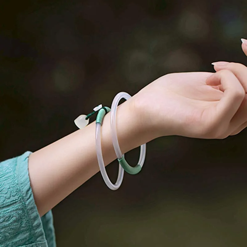 Natural Chalcedony Green Aventurine Lotus Bell Blessing Bracelet Bangle