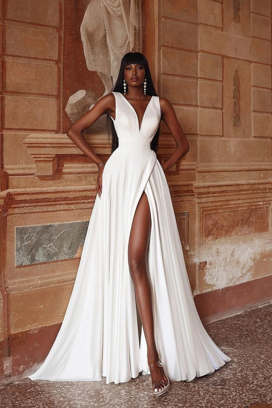 Miabel Elegant White Satin  V Neck Spaghetti Strap Sleeveless Long Split Wedding Dress with Pleated 