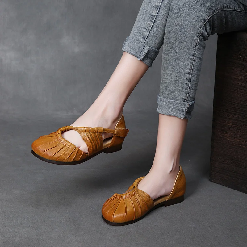 Yyvonne Time 79] Leather Soft Soles Flat-Soled Sandals Women Summer National Wind Handbag Head Wrapped Mother Shoes