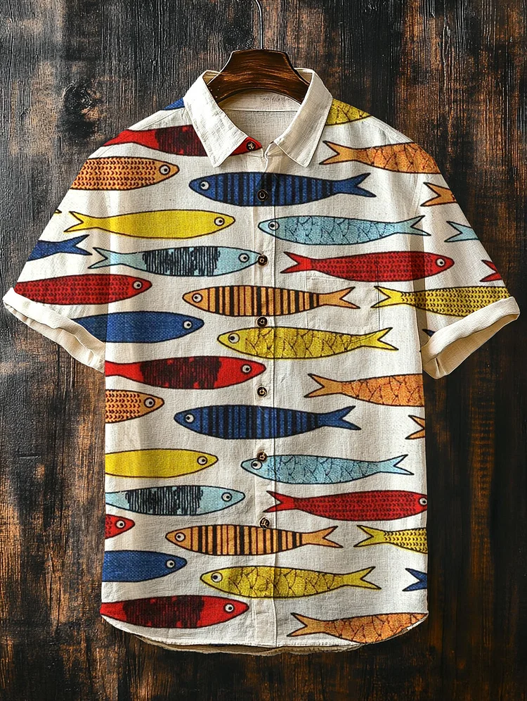 Men's Multicolor Fish Cartoon Print Short Sleeve Shirt