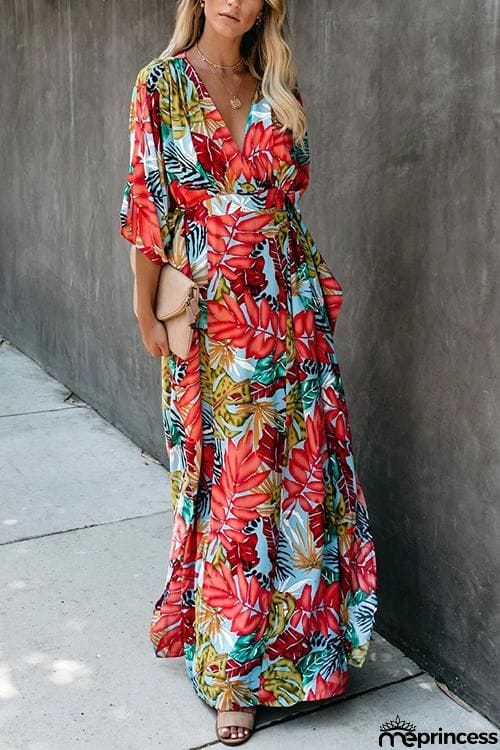 Floral Print V Neck Maxi Dress