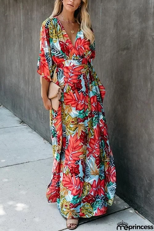 Floral Print V Neck Maxi Dress