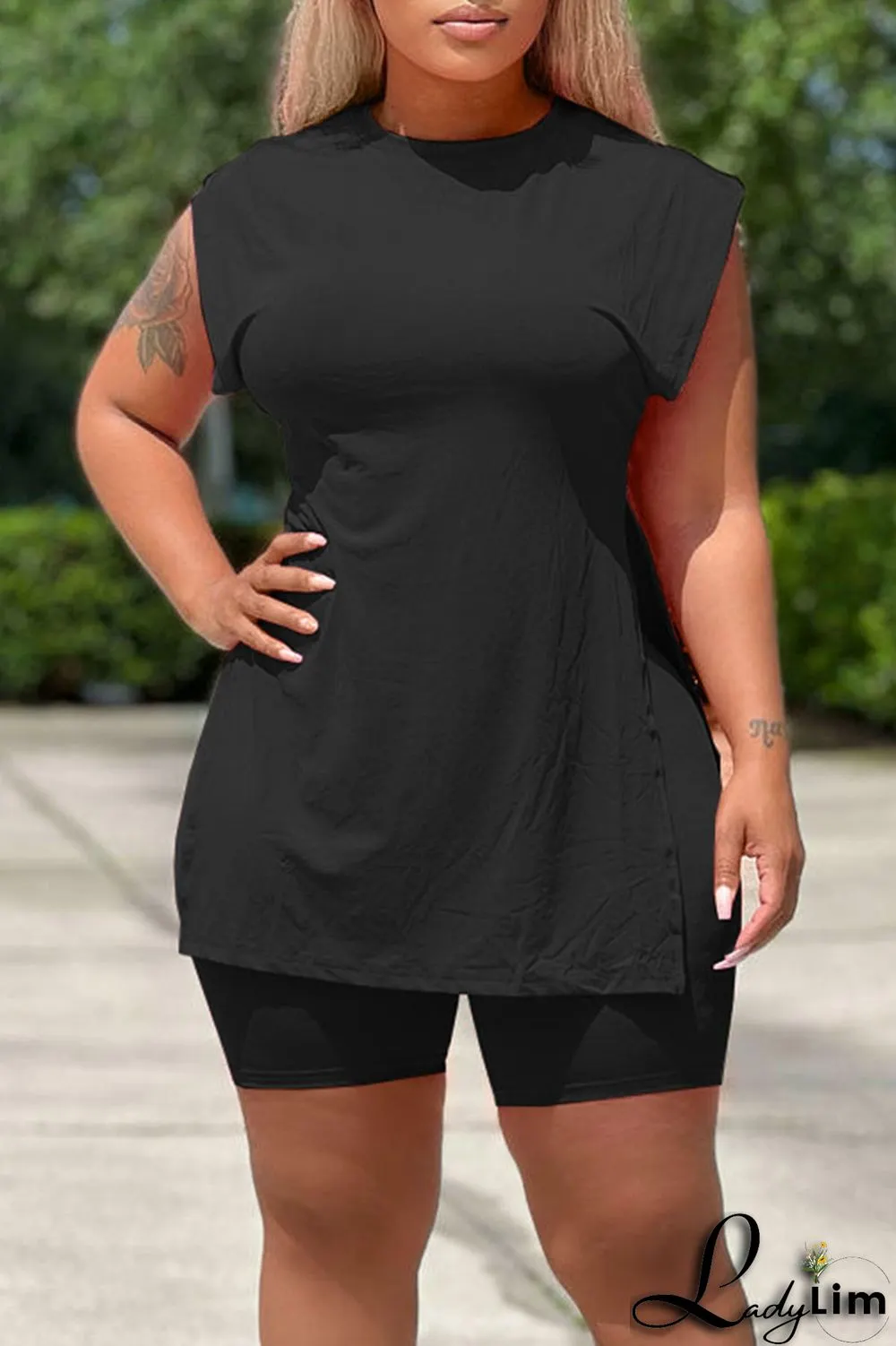 Rose Red Casual Solid Patchwork Slit O Neck Sleeveless Two Pieces