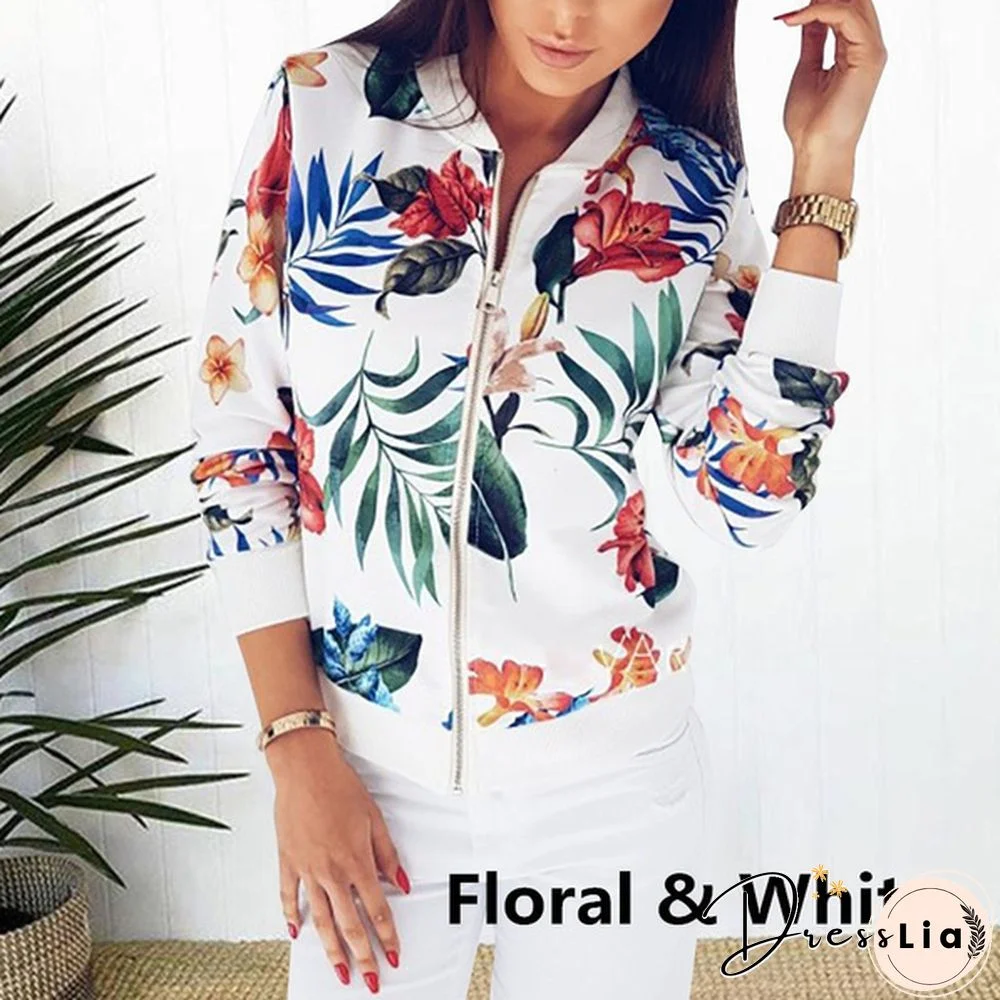 New Spring Aturmn Fashion Womens Retro Floral Zipper Bomber Jacket Baseball Casual Coat Female Tops Plus Size S-5XL