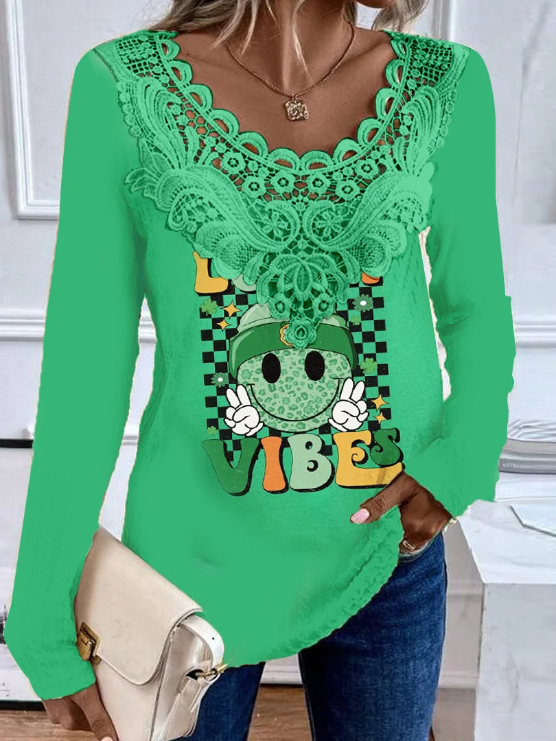 Women's Long Sleeve Scoop Neck Graphic Lace Top