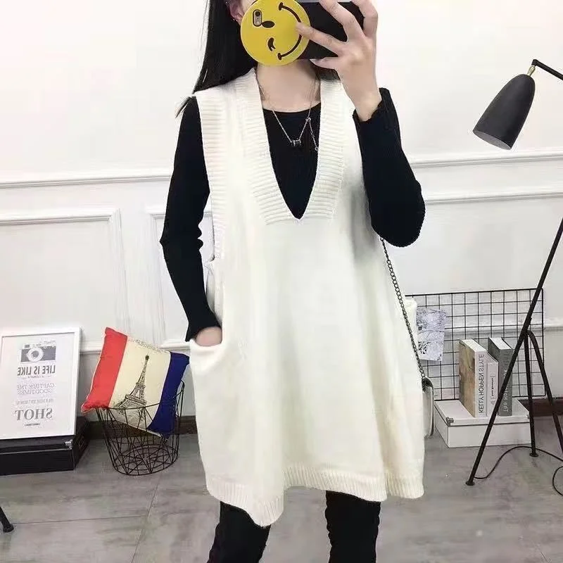 Plus Size 4XL Women Sweater Vest V-neck Solid Pockets Knitted Loose All Match Pullover Casual Elegant Trendy Japanese Style Chic