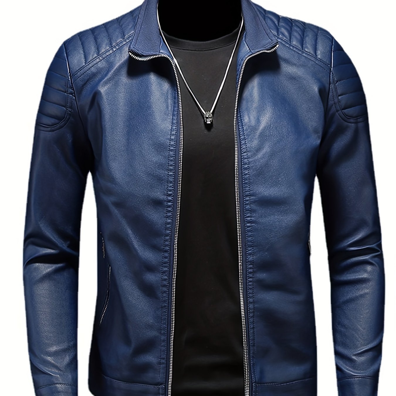 Pu Biker Jacket, Men's Casual Solid Color Zip Up Stand Collar Faux Leather Jacket For Spring Fall