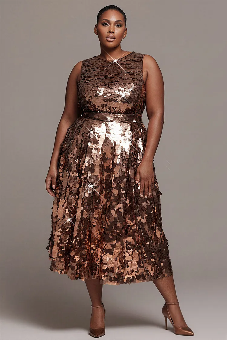 Xpluswear Design Plus Size Cocktail Party Gold Round Neck Sequin Midi Dresses [Pre-Order] 2024 - Xpluswear
