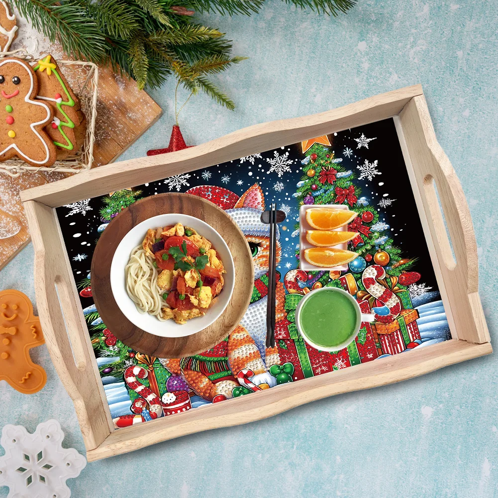 5D DIY Wooden Christmas Cat Tree Diamond Painting Serving Tray for Home Decor