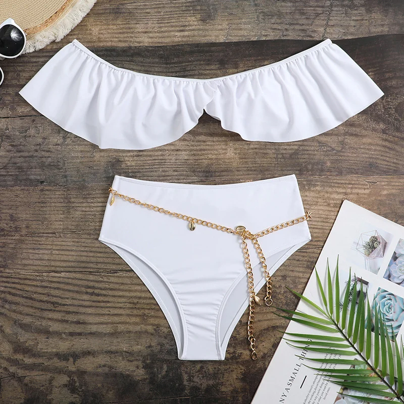 Brownm 2023 New Lotus-Leaf Side Sexy Bra High-Waisted Swimsuit Bikini Bikini