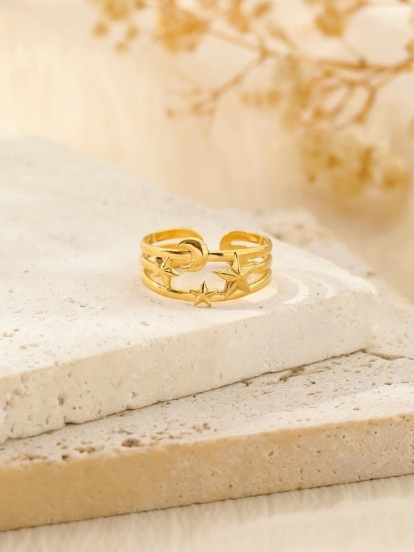 304 Stainless Steel 18K Gold Plated Classical Classic Style Plating Hollow Out Star Moon Heart Shape Open Rings