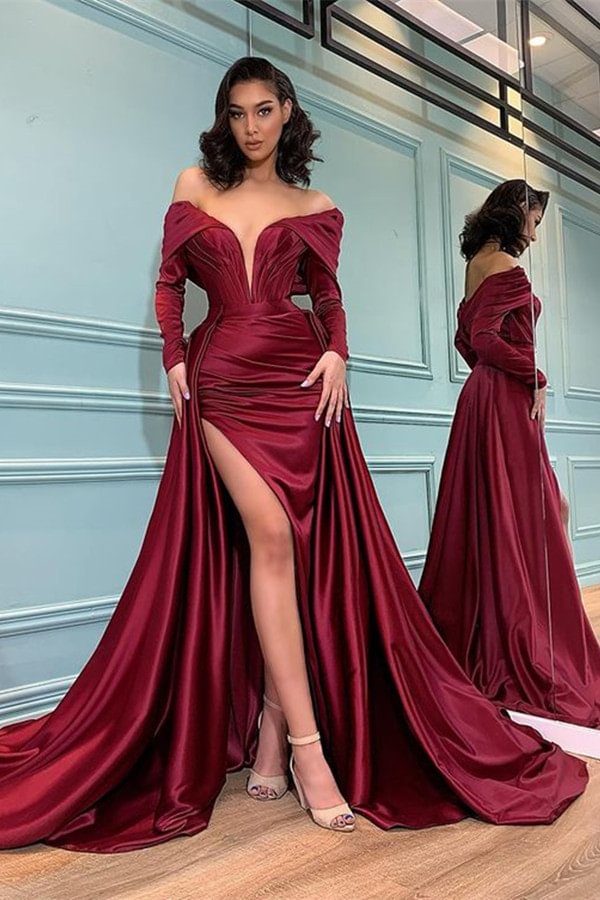 Chic Burgundy Long Sleeves Mermaid Evening Dress With Slit - lulusllly