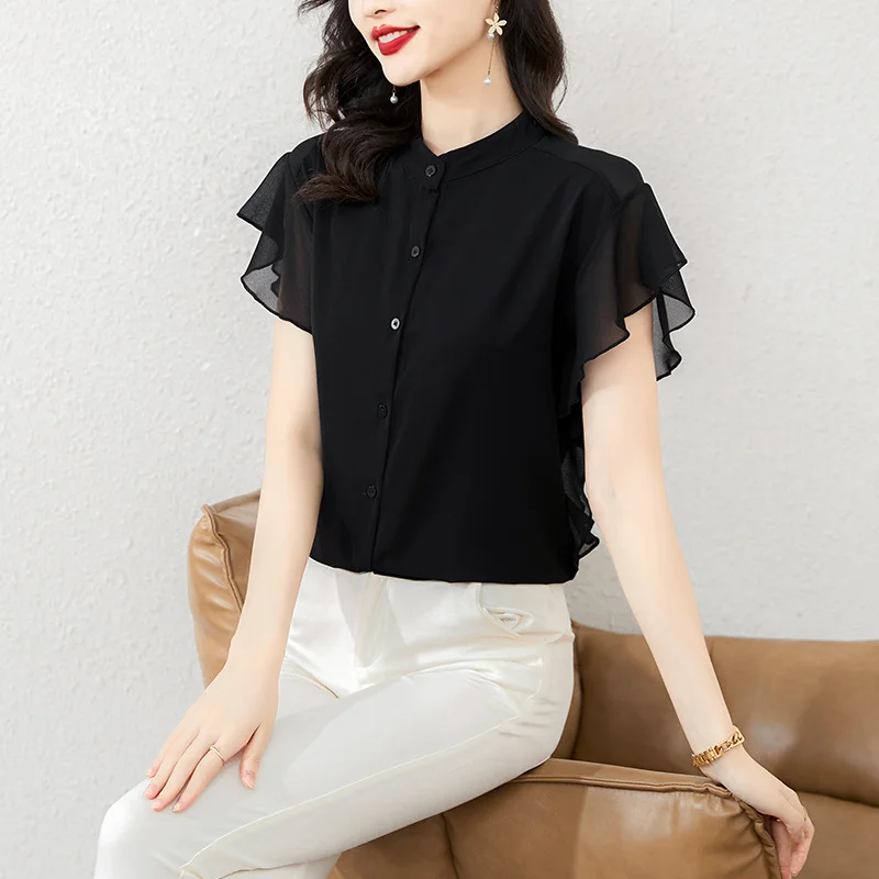 Toloer Toloer New Summer Of 2023 Loose Show Thin Short Sleeve Lotus Leaf Sleeve Jacket Thin Design Sense Minority Chiffon Shirt Girl-Outfit Ideas