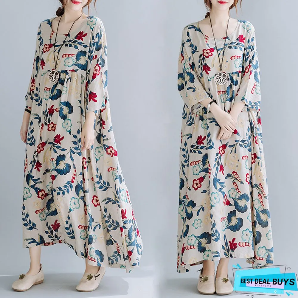 Large Loose Stitched Cotton Linen Print Short Sleeve Dress