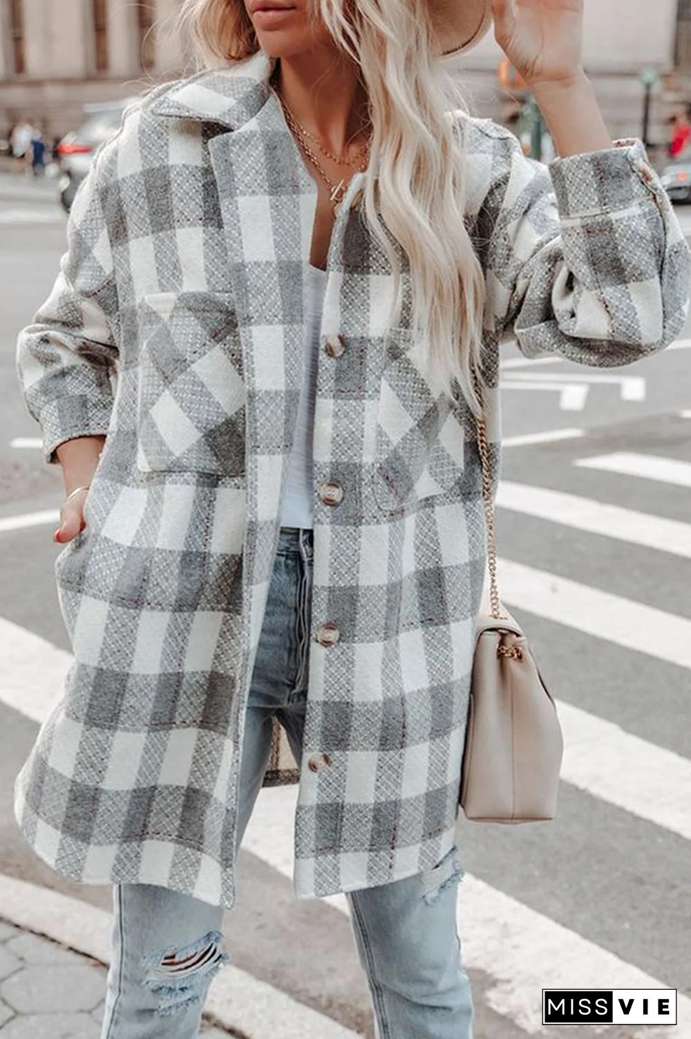 Casual Elegant Plaid Pocket Buckle Turndown Collar Outerwear