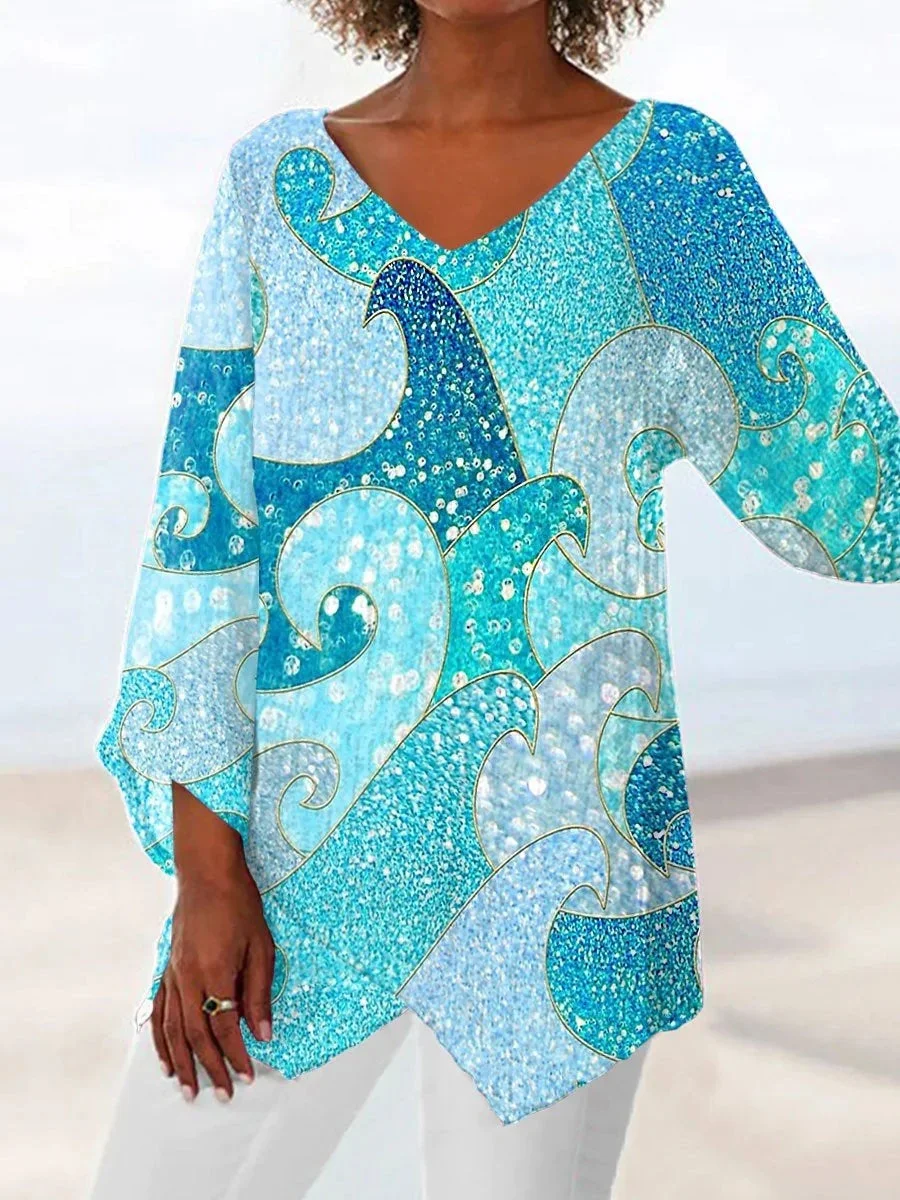 WOMEN'S VINTAGE SEQUINED WAVE PRINT CASUAL TOP