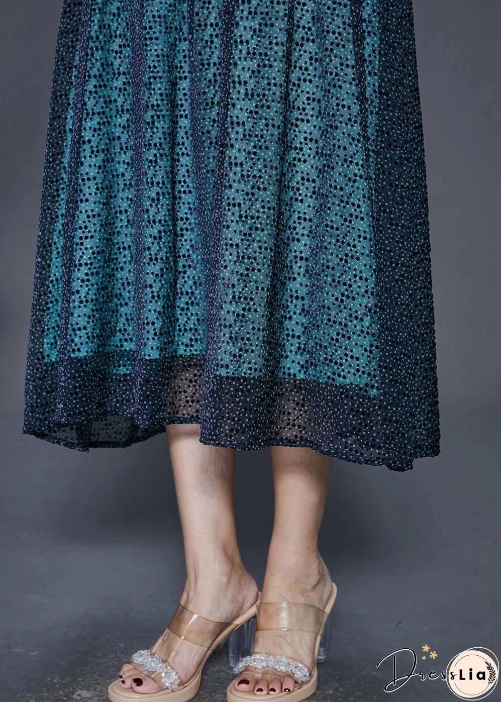 Handmade Blue V Neck Print Silk Maxi Dresses Spring