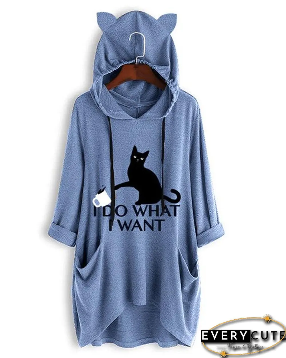 I DO WHAT I WANT Cute Cat Print Irregualr 3/4 Sleeve Plus Size Hoodie