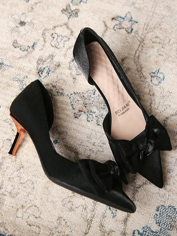 Pointed toe solid color stiletto low-top high heels with bow