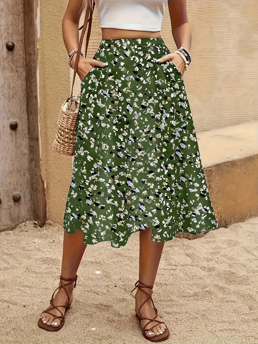 Women's Elegant Floral Print A-Line Skirt With Pockets - Lightweight Polyester, Machine Washable, Spring/Summer/Fall Casual & Formal Wear, Cute Skirts, Spring Summer Fashion, Flowy Fabric | IFYHOME