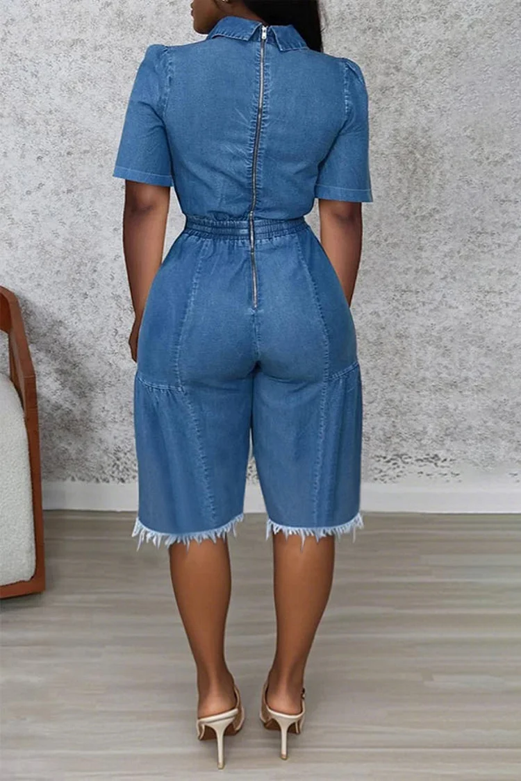 Plus Size Daily Blue V Neck Short Sleeve Pull-On Waist Casual Pocket Denim Rompers [Pre-Order]