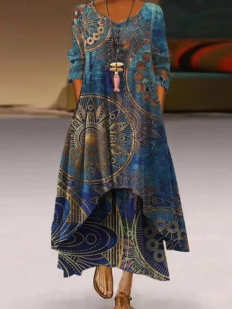 Abstract Vintage Printed Round Neck Long Sleeve Dress