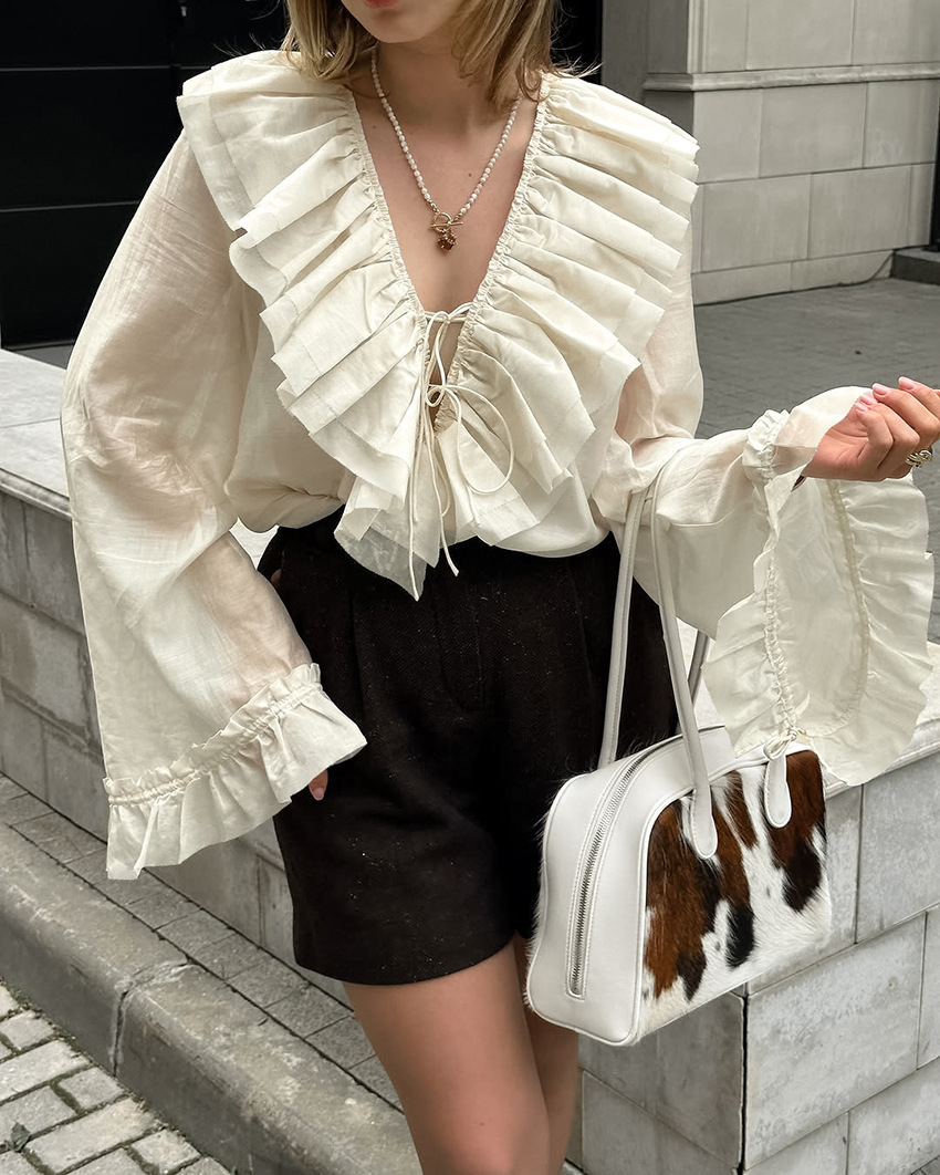 Long Flared Bell Sleeve Deep-V Neck Blouses