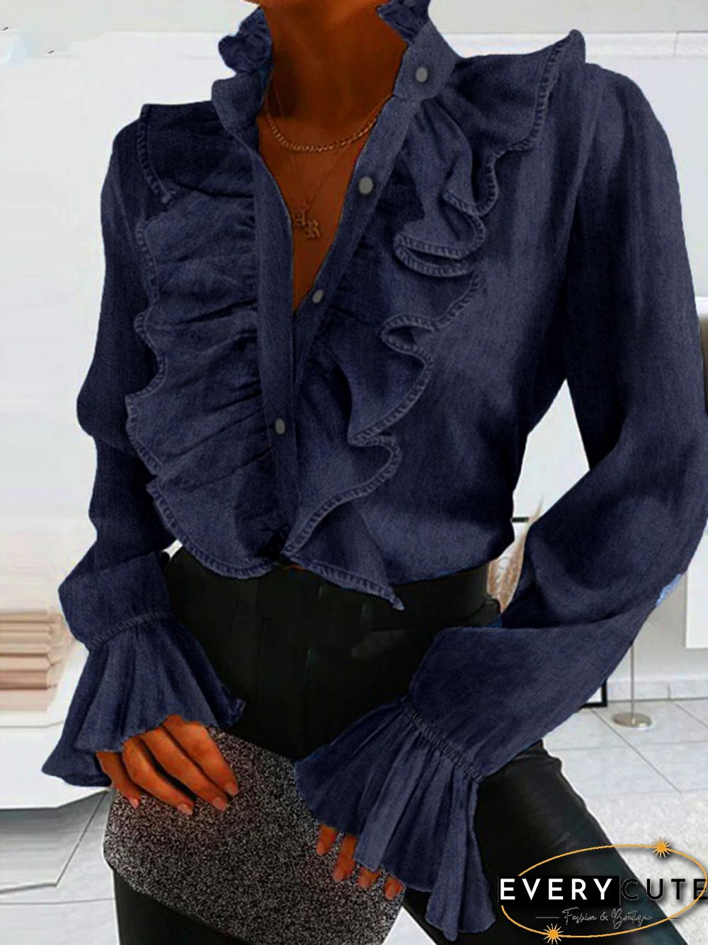 Flared Sleeves Falbala Solid Color Stand Collar Blouses&Shirts Tops