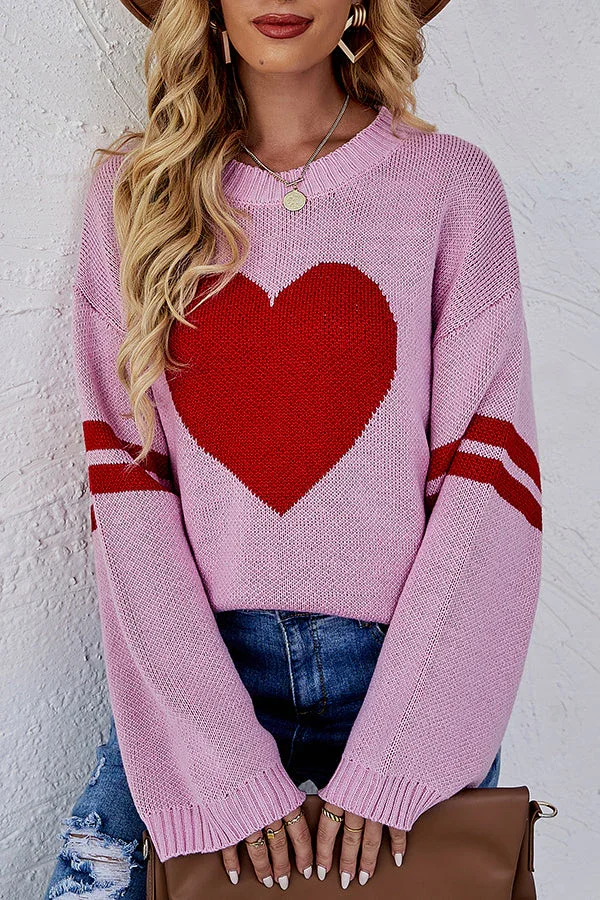 Contrast Color Round Neck Pullover Love Heart Knitted Long Sleeved Sweater