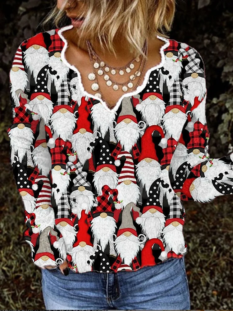 Women's   Gnomes Print V-Neck Knit Top