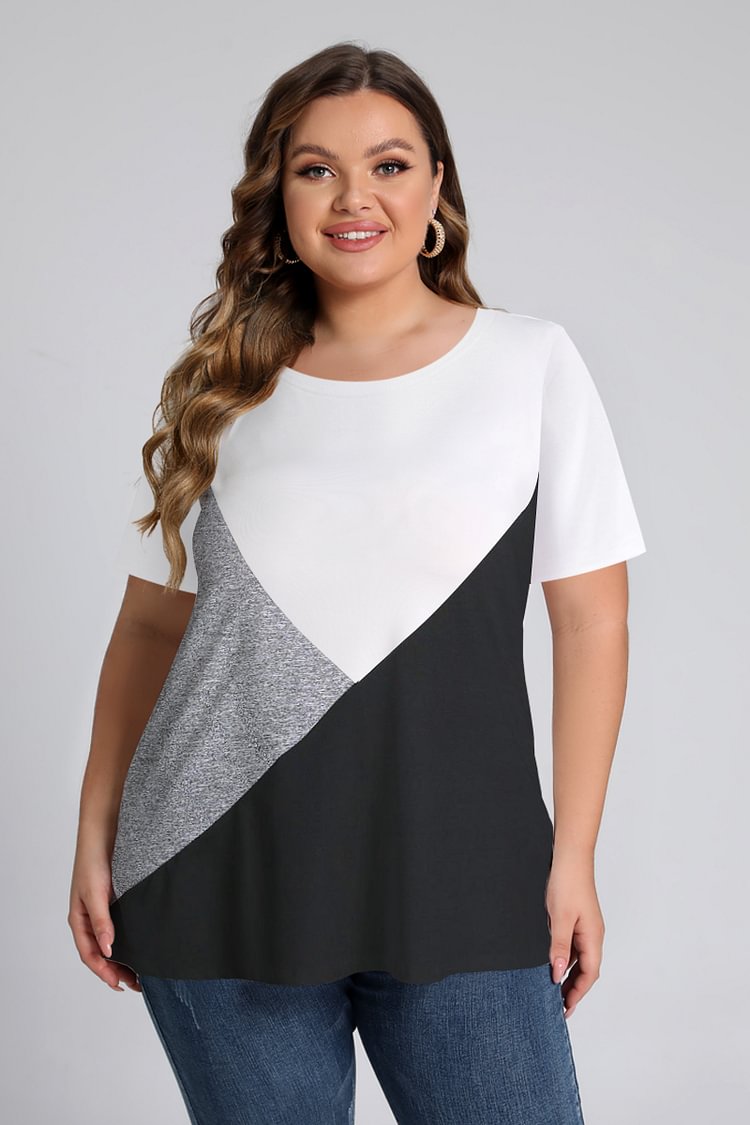Flycurvy Plus Size Casual White Patchwork Colorblock Round Neck T Shirt  flycurvy [product_label]
