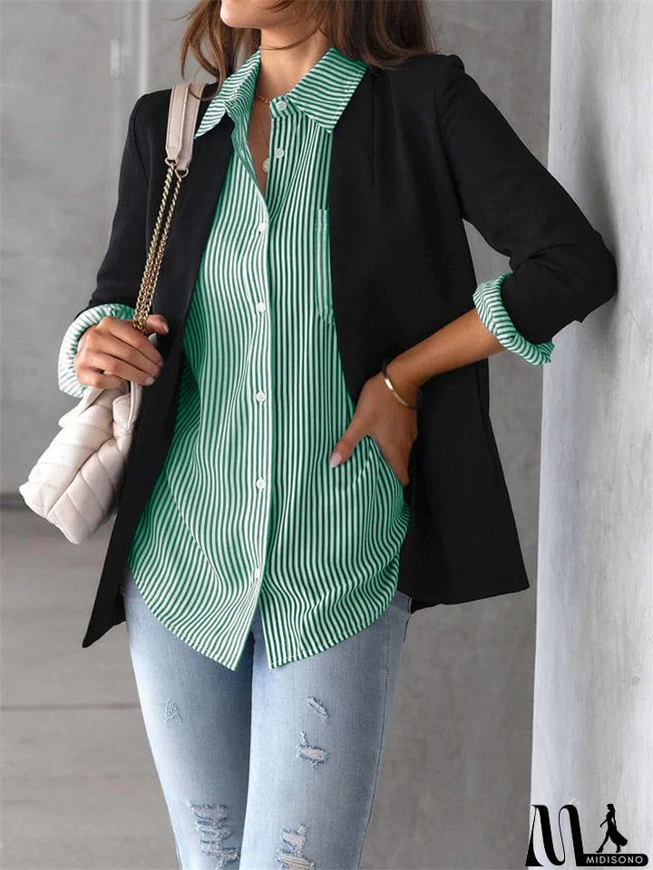 MidiSono - Autumn Leisure Stripe Lapel Long Sleeve Plus Size Women Blouses