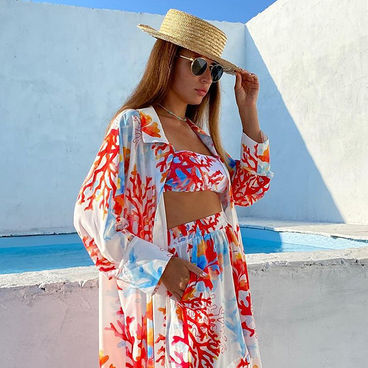 Underwater World Coral Printed Red Shirt Wide Leg Pants Four Piece Set