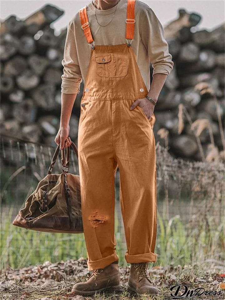 Men's Retro Loose Ripped Brown Cargo Jumpsuit