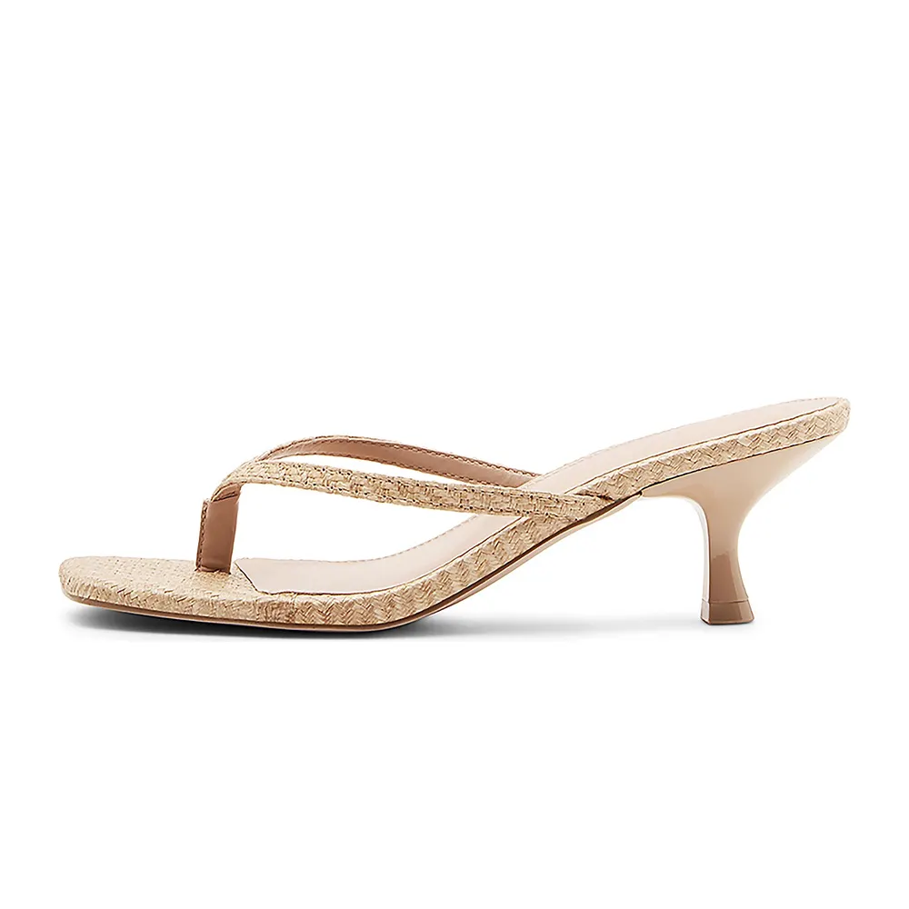 Women's Beige Square Toe Mid Heel Flip Flop Slip On Raffia Sandals