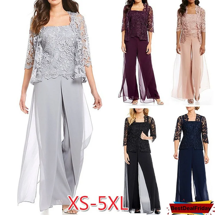 New Women‘S Lace Georgette 3-Piece Suit Casual Mother Of Bride Outfits Ladies Office Formal Cardigan Pantsuit Set Plus Size Xs-5Xl