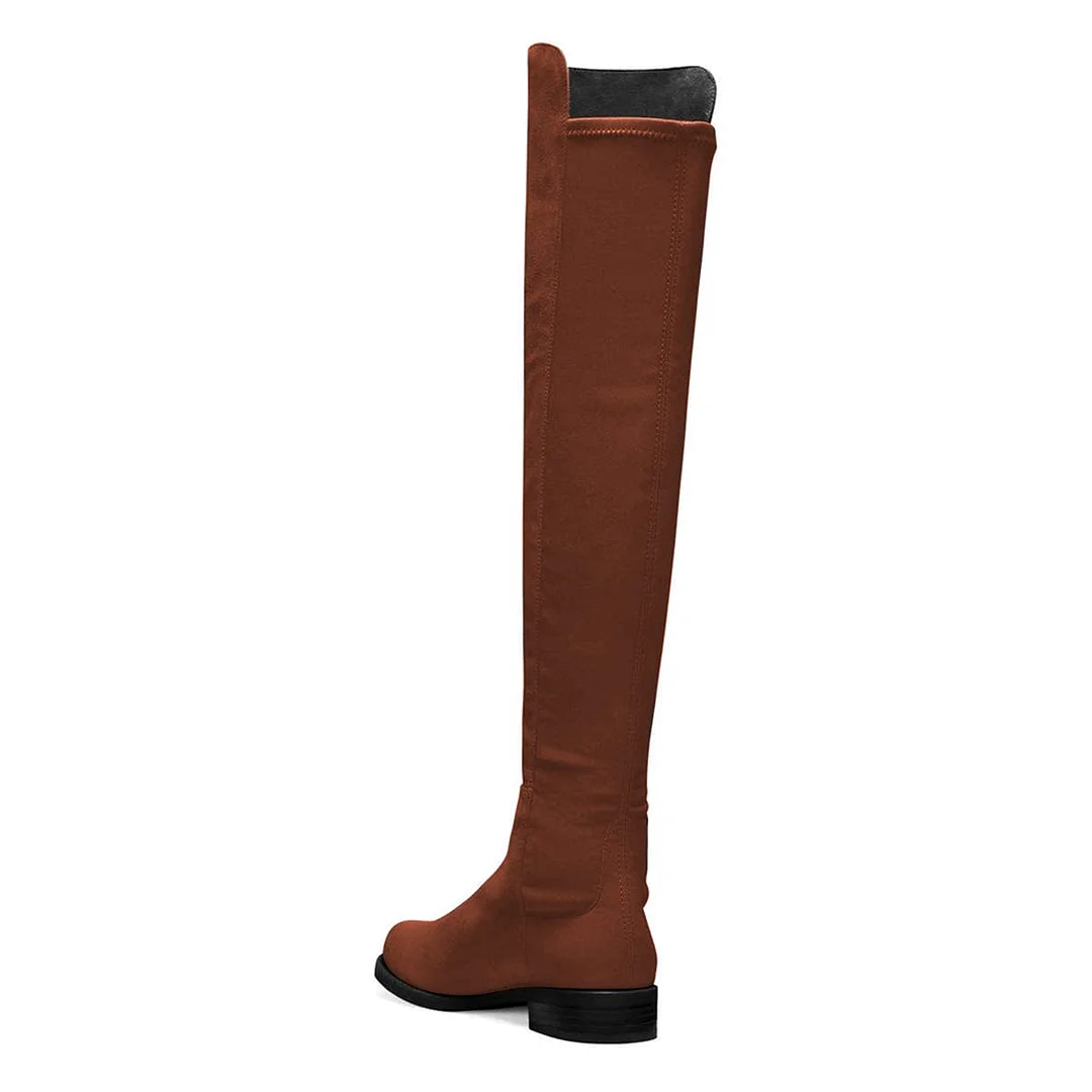 Winter Brown Round Toe Low Heel Over the Knee Boots for Women