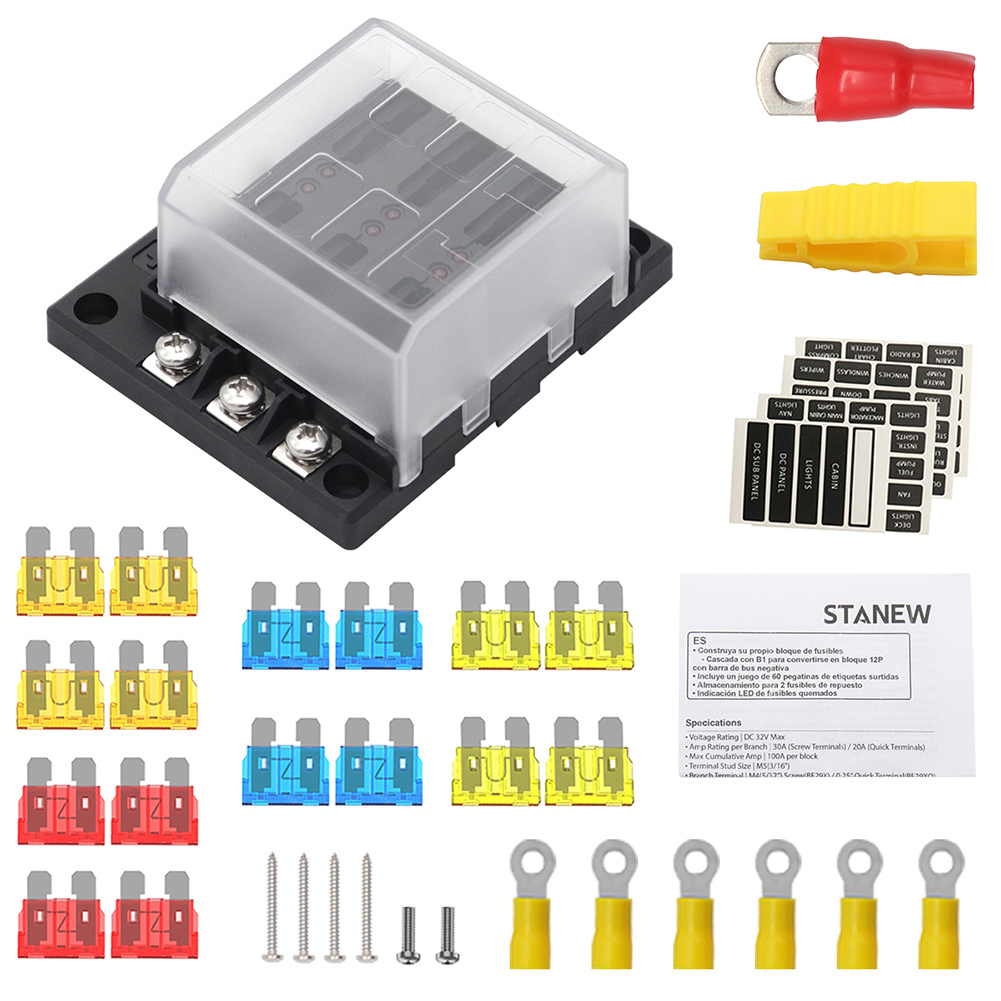 

12-32V 6 Way Car Boat Fuse Box with LED Indicator Holder for ATP/ATC/ATO, 501 Original