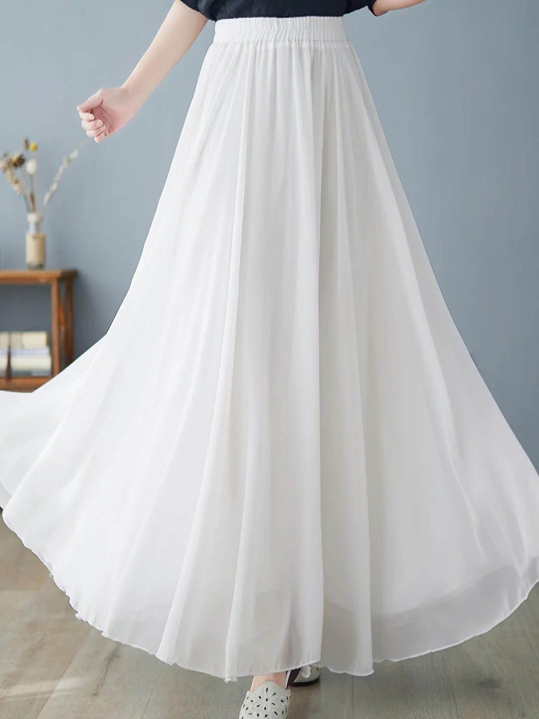 Elegant Women's High-Waist Chiffon Skirt - Slimming A-Line Silhouette, Flowing Maxi Dance Skirt With Ruffled Hem, Polyester, Machine Washable - Perfect For All Season | IFYHOME