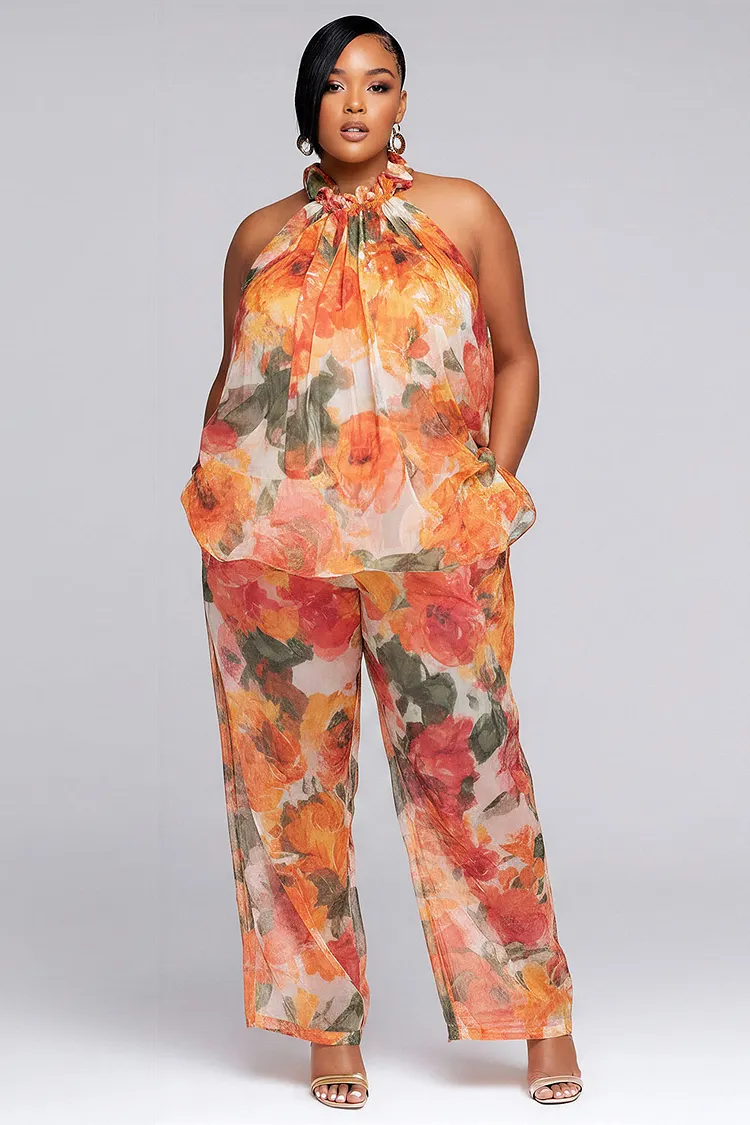Xpluswear Design Plus Size Daily Orange Floral Halter Collar Pocket Chiffon Two Piece Pant Sets 2024 - Xpluswear