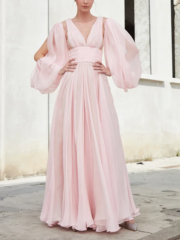 V-Neck Long-Sleeve Solid Chiffon Maxi Dress