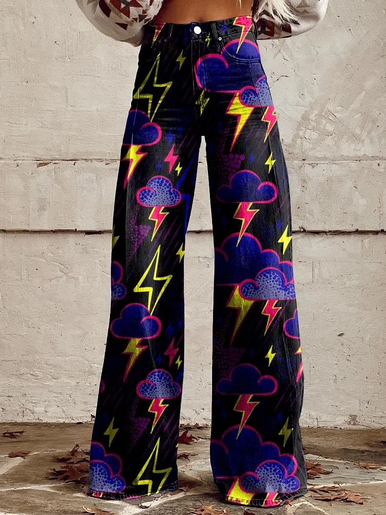 Black Women's Dark Clouds and Lightning Weather Print Casual Wide Leg Pants