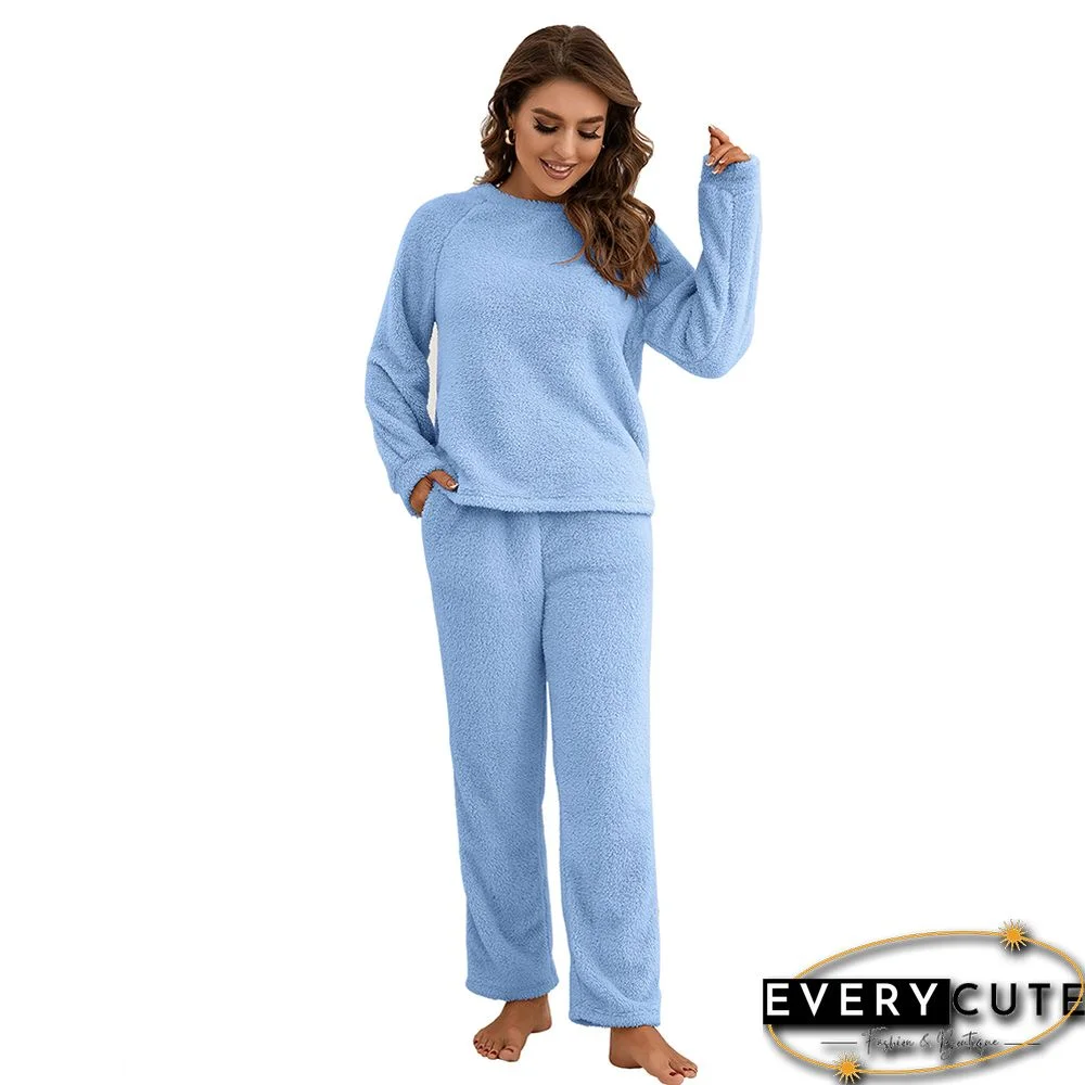 Light Blue Plush Hoodie with Pant Loungewear Set