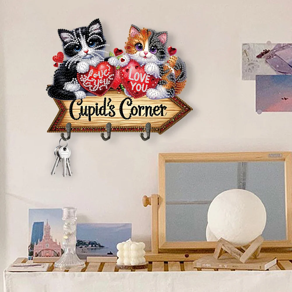 5D DIY Love Cat 3 Hooks Special Shape Diamond Painting Wooden Hook Rail for Wall