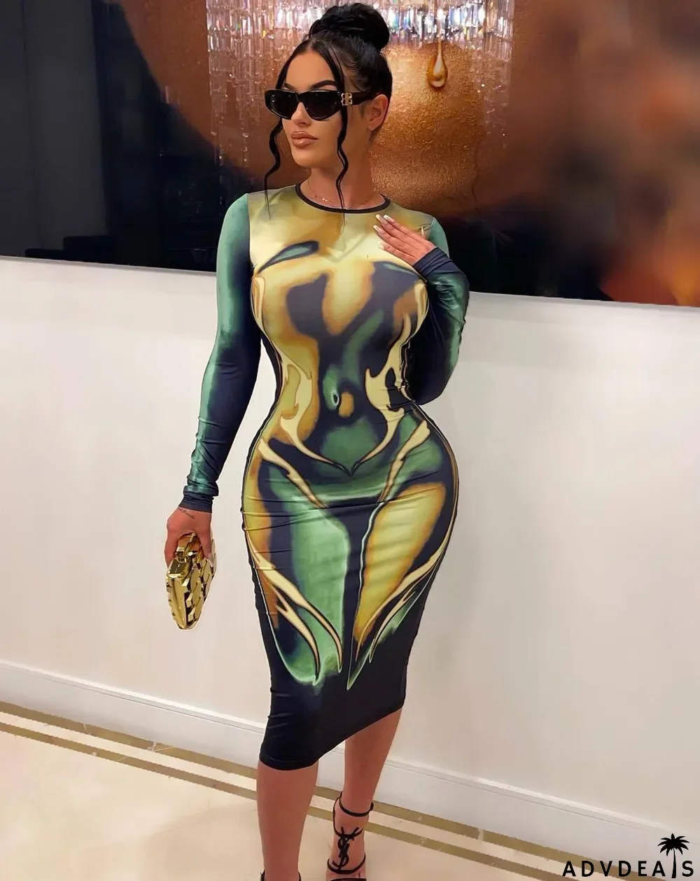 Women's Spring Sexy Print Round Neck Long Sleeve Casual Dress For Women