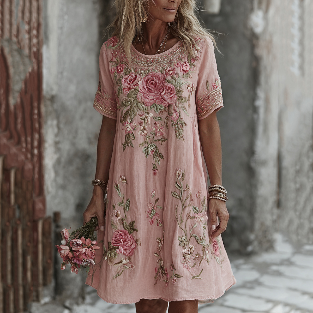 Retro Rose And Floral Printed Pattern Short Sleeve Mini Dress elevenforest