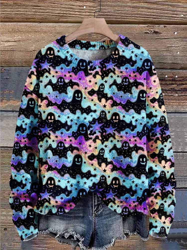 Ghost Autumn Season Halloween Art Print Knit Pullover Sweater